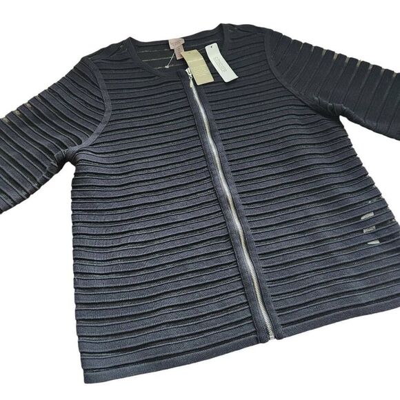 Chicos Cardigan Jacket Womens Large Sheer Striped Carmen Zip Front EasyWear Blac - Picture 1 of 6